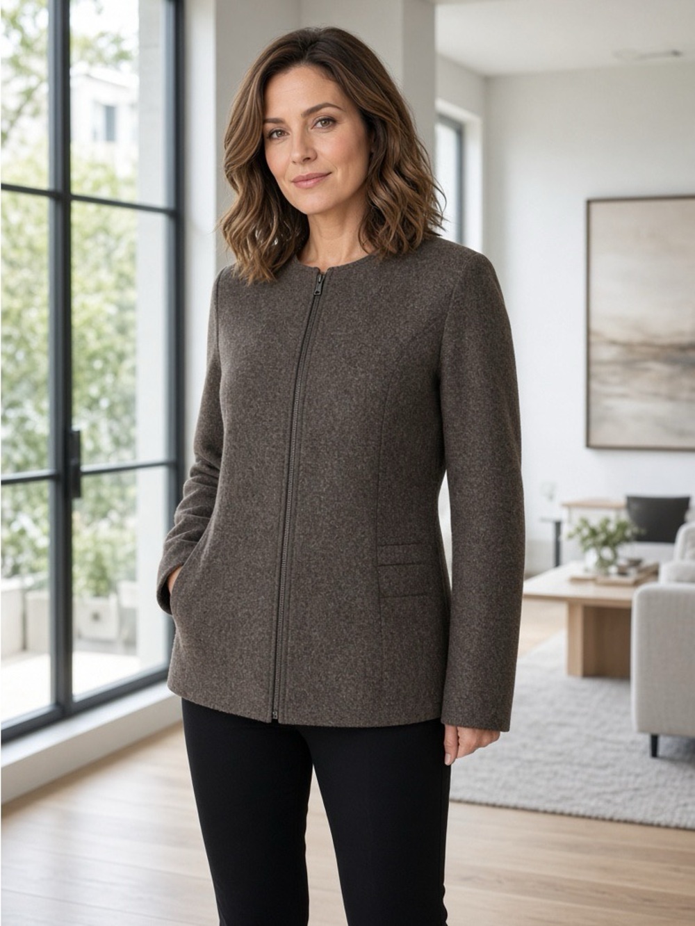 Talbots Brown Zip-Front Wool-Blend Jacket